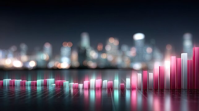 Modern Financial Chart with Pink and White Bars Against a Blurry Cityscape at Night Illustration - Powered by Adobe