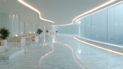Modern Futuristic Lobby with White Walls and City View Windows