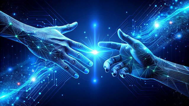 Digital connection concept with two hands reaching glowing network and data transfer for technology and communication themes