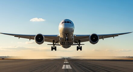 Commercial airplane ascension captured from ground level against a serene skyscape with the horizon light creating