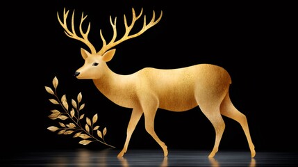 Golden deer walking on reflective surface with leaves