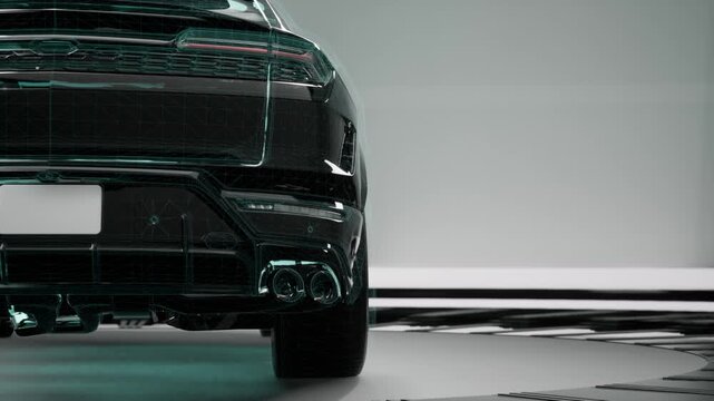 High-End Car Rear View With Digital Wireframe Overlay And Exhaust