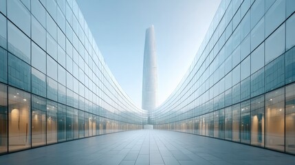 Obraz premium Modern Glass Skyscraper with Cinematic HDR Architecture and Reflections Underneath a Clear Sky