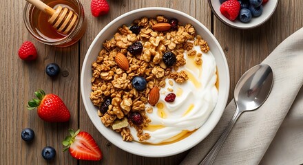 Delicious granola parfait with yogurt, honey and fresh summer berries