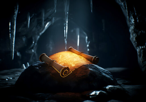 Ancient Scroll in Ice Cave Illuminating Mystery and Adventure Exploring Historical Secrets and Forgotten Knowledge on Parchment in a Chilling Environment - Powered by Adobe