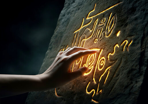 Illuminated Ancient Inscriptions on Stone Tablet Revealing Mysteries of the Past with Human Touch Exploring Ancient Knowledge and History