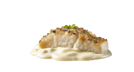 Elegant Plated Gourmet Fish Dish with Sauce and Crumb Topping