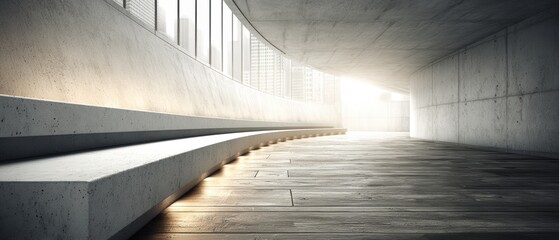 Obraz premium The minimalist concrete architecture shows curved benches and an open corridor leading to a brightly illuminated exit with visible city skyline.