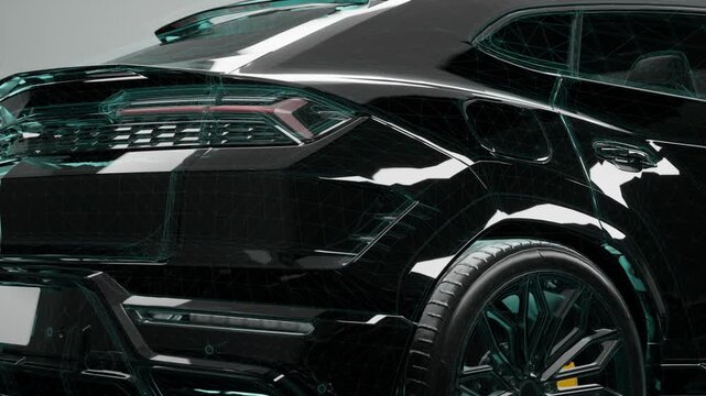 Luxury Suv Rear Quarter View With Digital Wireframe And Glossy Finish