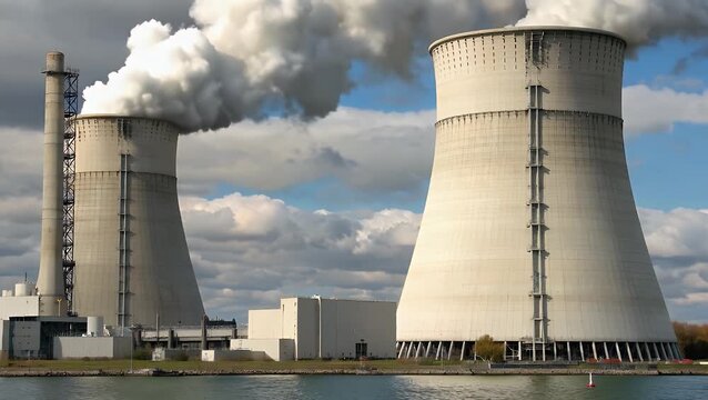 The Large Hyperboloid Cooling Towers Of Major Nuclear Power Generating Facility Emitting Plumes Of Water Vapor