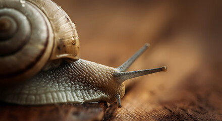 Close up of a Common Garden Snail Slowly Moving on a Wooden Surface Detailed Macro Shot of Land Gastropod Mollusk