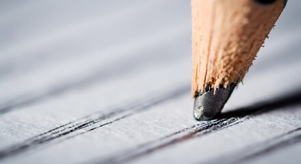 Close up of a sharpened pencil drawing lines on paper representing creativity and learning process for school or work