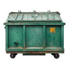 Weathered green metal dumpster with rusty accents and wheels trash waste