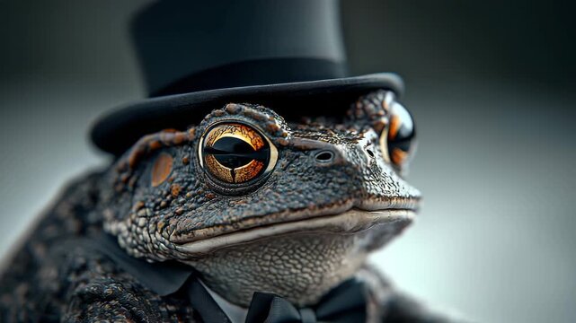 Frog in a top hat and glasses poses elegantly on a blurred background during a sunny day