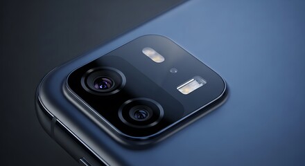 Close up of a modern smartphone camera module with multiple lenses and flash.