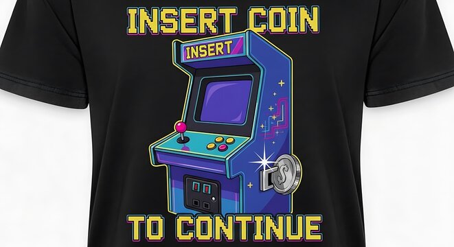 Arcade Game Insert Coin To Continue Black T-Shirt.