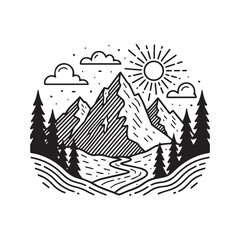 Obraz premium Mountain landscape line art. Vintage hand-drawn outdoor adventure scene with sun, forest, and river. Simple black and white nature illustration for a logo or emblem. 
