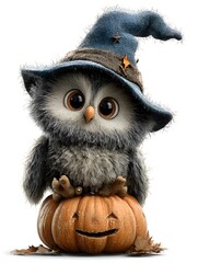 Fototapeta premium A whical owl wea a wizard hat sits perched happily atop a glowing jack o lantern on Halloween night.
