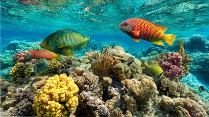Fototapeta premium Close-up of coral reef with colorful fish swimming in clear turquoise water, vibrant marine life and ocean ecosystem protection concept.