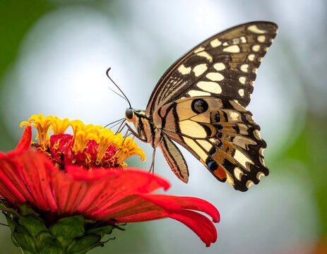 Close-up of a butterfly feeding on a bright red flower
