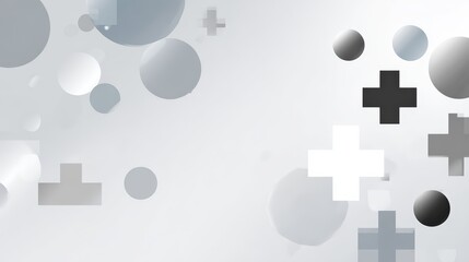 Obraz premium Abstract minimalist background with gradient gray circles and plus signs creates clean and modern design for presentation or graphic overlay.