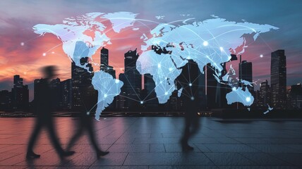 Silhouettes of professionals walking against a vibrant city skyline, highlighted by a glowing world map overlay.