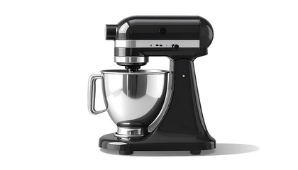 Black Stand Mixer with Stainless Steel Bowl Isolated on White Background.