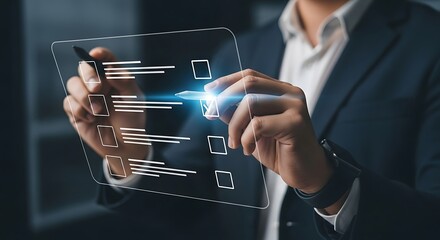 Businessman checking off items on a virtual checklist with stylus to-do list task