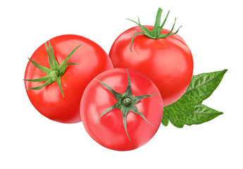 three ripe red tomatoes with green stems and a fresh leaf on a transparent background