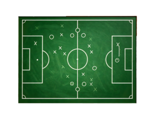 Strategic football game plan drawn on a green chalkboard with chalk markers showing formations and plays