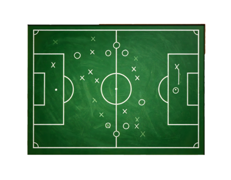 Strategic football game plan drawn on a green chalkboard with chalk markers showing formations and plays