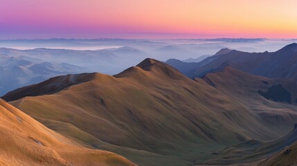 Naklejka premium alpine. Panoramic alpine landscape at dusk with warm golden light on mountain peaks. travel magazines, destination branding, designed for outdoor magazines and nature guides.