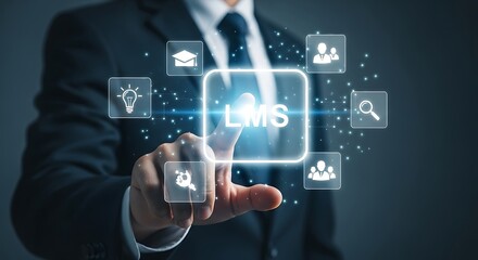Fototapeta premium Businessman touches LMS learning management system interface with icons education online learning