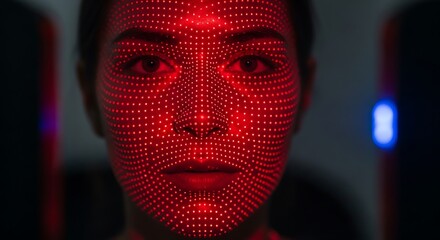 Womans face with red grid pattern for facial recognition or biometric scanning in a dark environment.