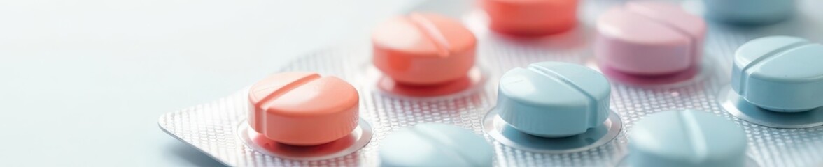 Close-up of blister pack of tablets, white background, strip, rx