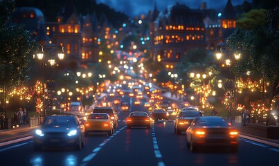 Night traffic on hilltop street, village background