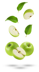 dynamic composition of green apples and fresh leaves in mid-air on a transparent background