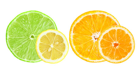 Obraz premium brightly colored citrus fruit slices including lime, lemon, and orange on black