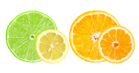 brightly colored citrus fruit slices including lime, lemon, and orange on black