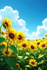 Golden sunflowers bask in azure sky, fluffy clouds drift overhead , plant, summer