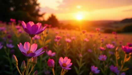 Pink & violet wildflowers bathed in the golden light of a countryside sunset , nature, blossom