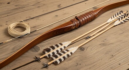 Traditional wooden longbow with feathered arrows and bowstring on a rustic table.