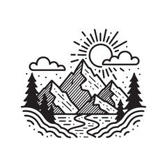 Mountain landscape line art. Vintage hand-drawn outdoor adventure scene with sun, forest, and river. Simple black and white nature illustration for a logo or emblem.
