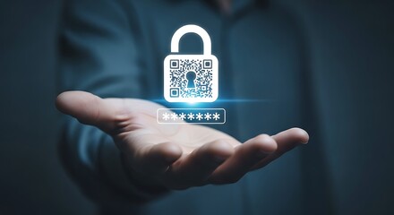 Hand holding a digital padlock with QR code and password input for security privacy data protection