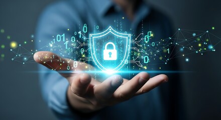 Hand holding glowing digital shield with lock and binary code security cybersecurity