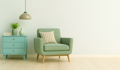 Green Armchair with Cabinet, Plants, and Pendant Lamp in Modern Interior