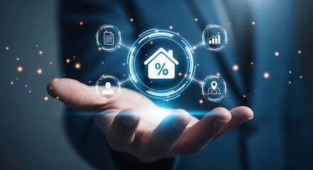 Hand holding holographic interface with house and percentage symbol for real estate home mortgage