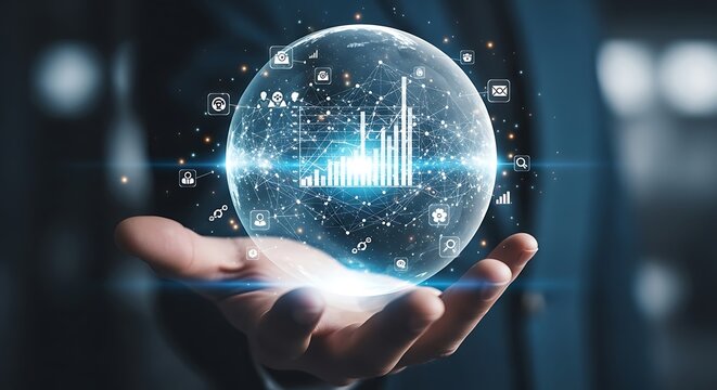 Hand holding glowing digital globe with data connections and charts earth