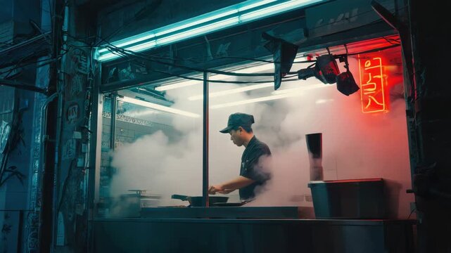 Chef cooking in a steamy asian street food stall at night.