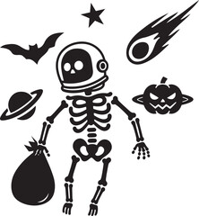 Zero Gravity Skeleton: Black White Halloween Shirt and Silhouettes Vector Icon Design Astronaut Costume Gift.